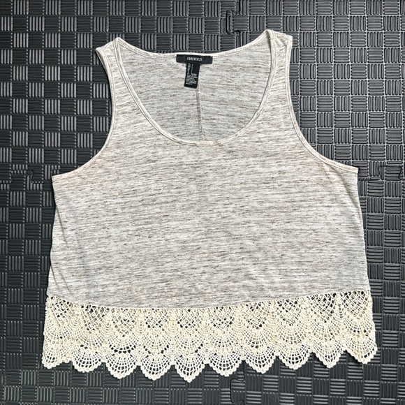 Forever21 Women Cropped Top - Ivory Lace Trim - Heathered Grey - Picture 1 of 6